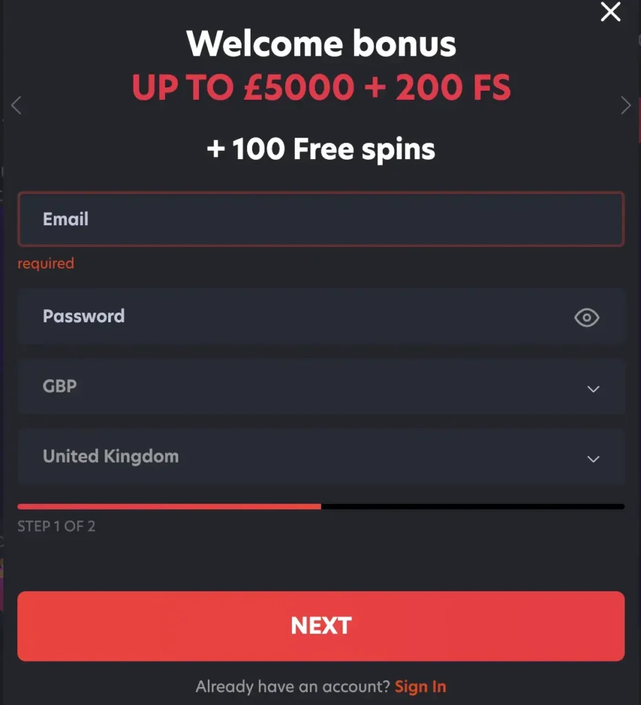 sign up form with Welcome bonus at Crash Pirate Casino